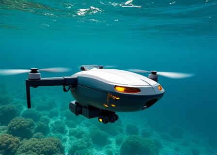Drone subacqueo professionale che esplora un fondale marino chiaro